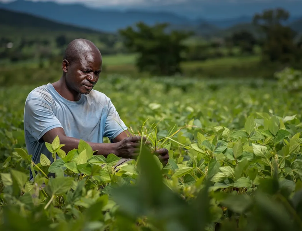 Farmer tending to lush green crops in an African field