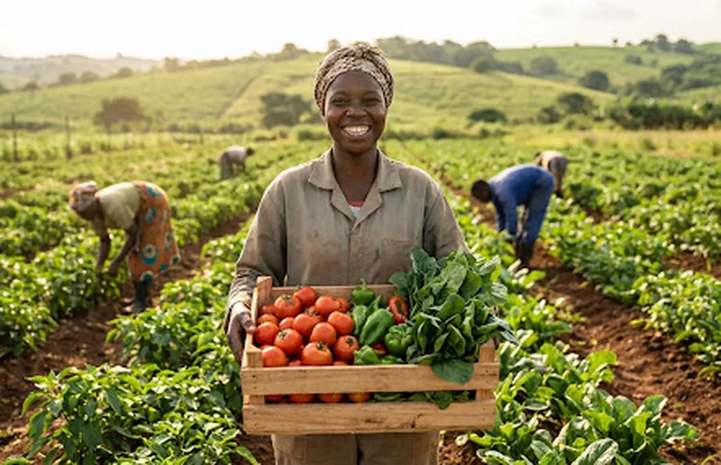 Woman holding a crate of freshly picked tomatoes and greens in a farm field